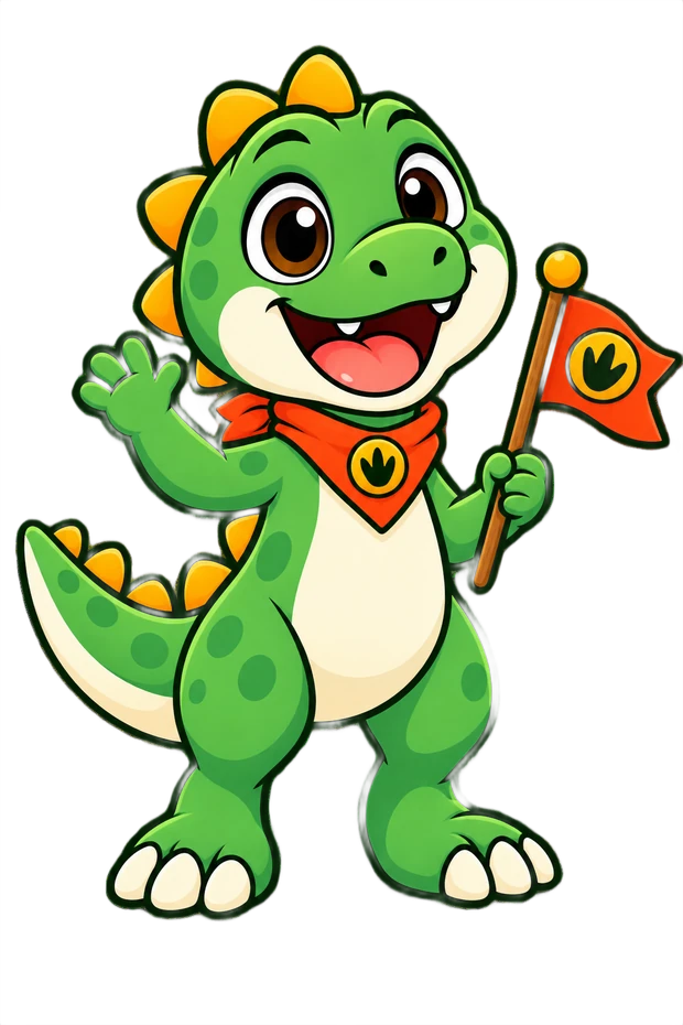 Rex the DinoPassport mascot waving a flag